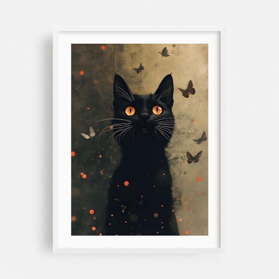 Black Cat with Butterflies - Digital Art Cat Animal Surrealism Gothic Mystical Wildlife Fantasy White Framed Wall Art Print 24 x 36 inches