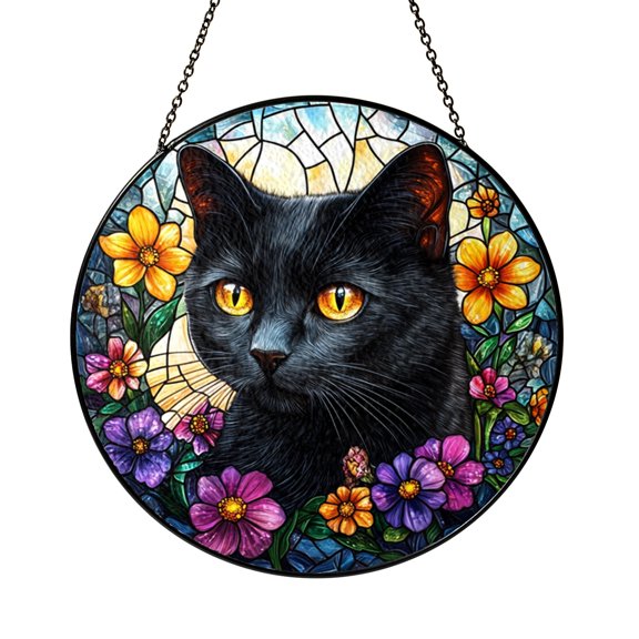 Black Cat with Flower Pattern Stained Glass Style Window Decor, Decorative Hanging Art Panel