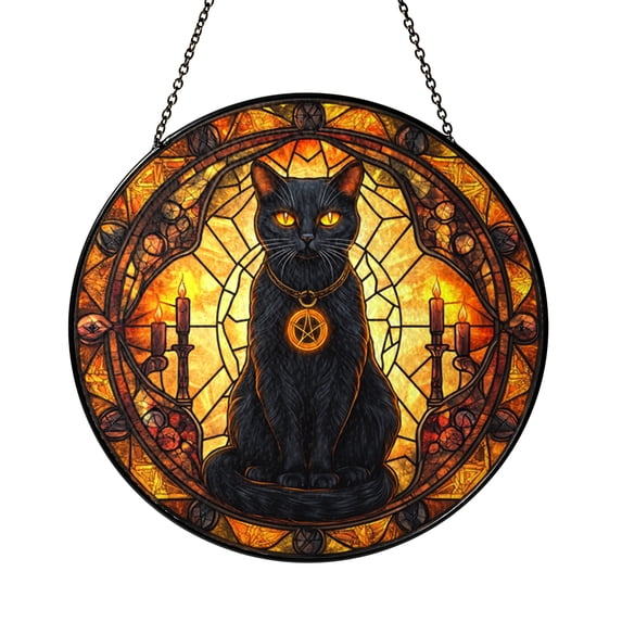 Black Cat with Glowing Candles Stained Glass Suncatcher Gothic Style ...