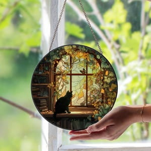 Black Cat with Ivy and Books Glass Window Suncatcher | Witchy Home Decor | Cozy Cat Lover Gift | Magical Library Art Panel Gift Idea, 3.5 in
