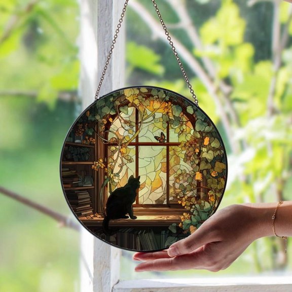 Black Cat with Ivy and Books Stained Glass Window Suncatcher | Witchy Home Decor | Cozy Cat Lover Gift | Magical Library Art Panel Gift Idea