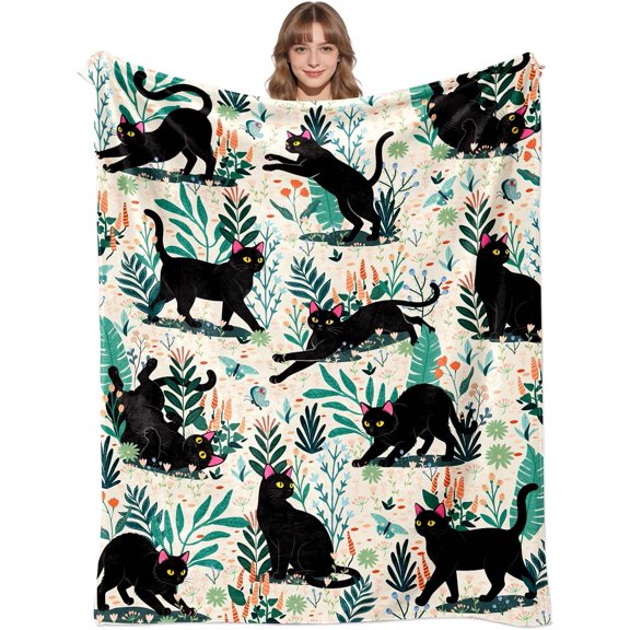 Black Cat with Pink Bows and Botanical Leaf Pattern Throw Blanket Soft Plush Fleece for Home Decor