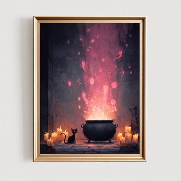 Black Cat with Pink Cauldron Flames, Moody Decor - Poster Decor, Unframed Poster Size 8x12 F03.1.22l1041