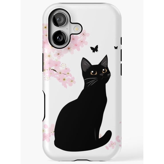 Black Cat with Pink Cherry Blossoms and Butterflies Tough Phone Case ...
