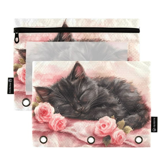 Black Cat with Rose 2 Pack Pencil Pouch for 3 Ring Binder Smooth Zipper Folders with Pockets Clear Window Pencil Case