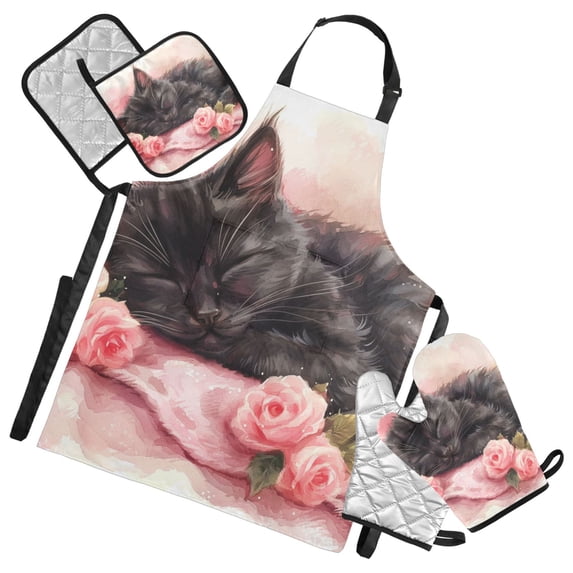 Black Cat with Rose 5 Pcs Kitchen Set Heat Resistant Oven Mitts and Non-Slip Pot Holders with Adjustable Cooking Apron