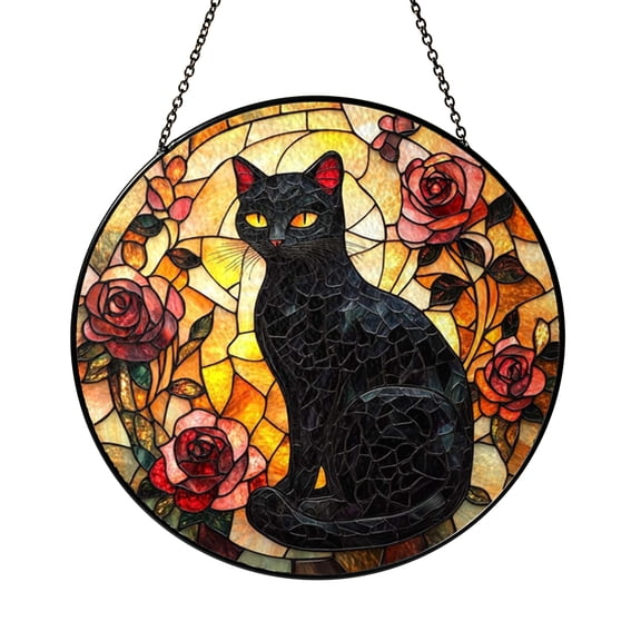 Black Cat with Rose Ceramic Suncatcher – Stained Glass Style Window Decor