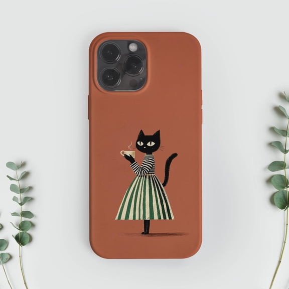 Black Cat with Teacup Terracotta Tough Phone Case, Polycarbonate and TPU, for Apple iPhone Series