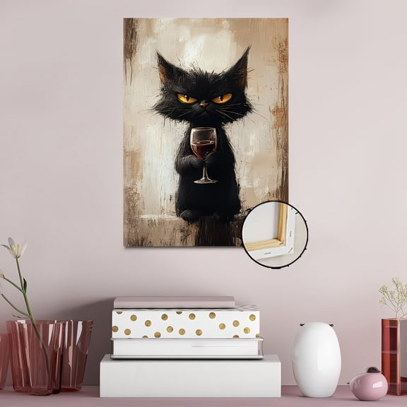 Black Cat with Wine Glass Canvas Wall Art Framed 2D Print for Home Decor