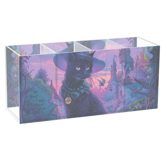 Black Cat with Wizard Hat Acrylic Pencil Pen Holder Cup 4 Compartments Desktop Organiser 7.87"x2.78"x3.54"