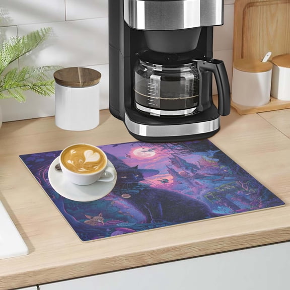 Black Cat with Wizard Hat Dish Drying Mat 12"x18" Kitchen Counter Dish Pad Microfiber Absorbent Drainer Rack for Coffee Bar