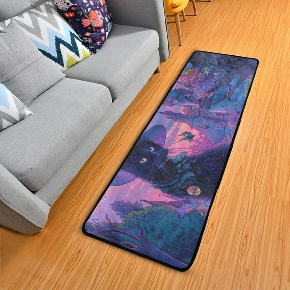 Black Cat with Wizard Hat Hallway Runner Rug 2'X6' Non-Slip Washable Carpet Runner Kitchen Entryway Laundry Bedroom