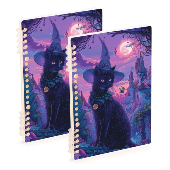 Black Cat with Wizard Hat Notebooks 2 Pcs 1-subject Journal 60 Sheets A5 College Ruled Paper Detachable Ring 8.3"x5.7"