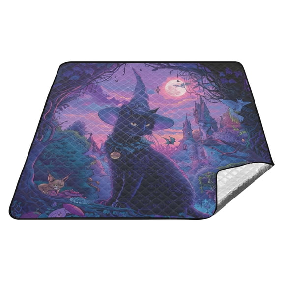 Black Cat with Wizard Hat Picnic Blankets Extra Large 78"x78" Beach Blanket Waterproof Sandproof Outdoor Mat for Camping Travel Park