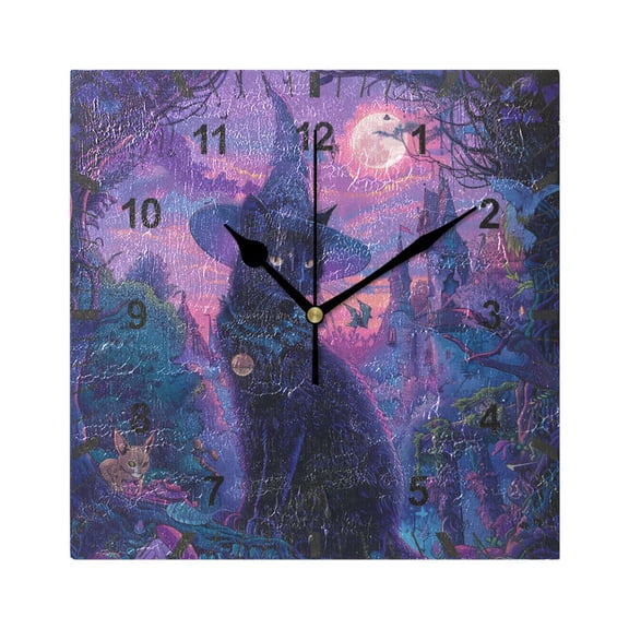 Black Cat with Wizard Hat Wall Clock Battery Operated Silent Non-Ticking Bedroom Office Kitchen Home School Decor 7.8"(Black)