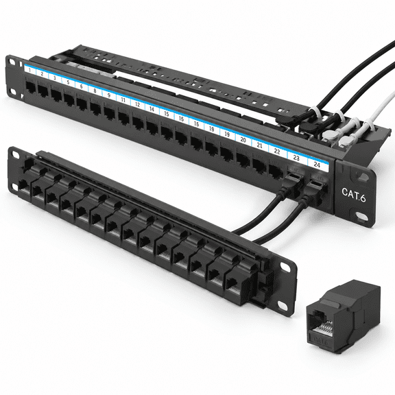 Black-Cat6 24Port Pass-Through Ethernet Patch Panel 19-inch 1U Rack or Wall Mount