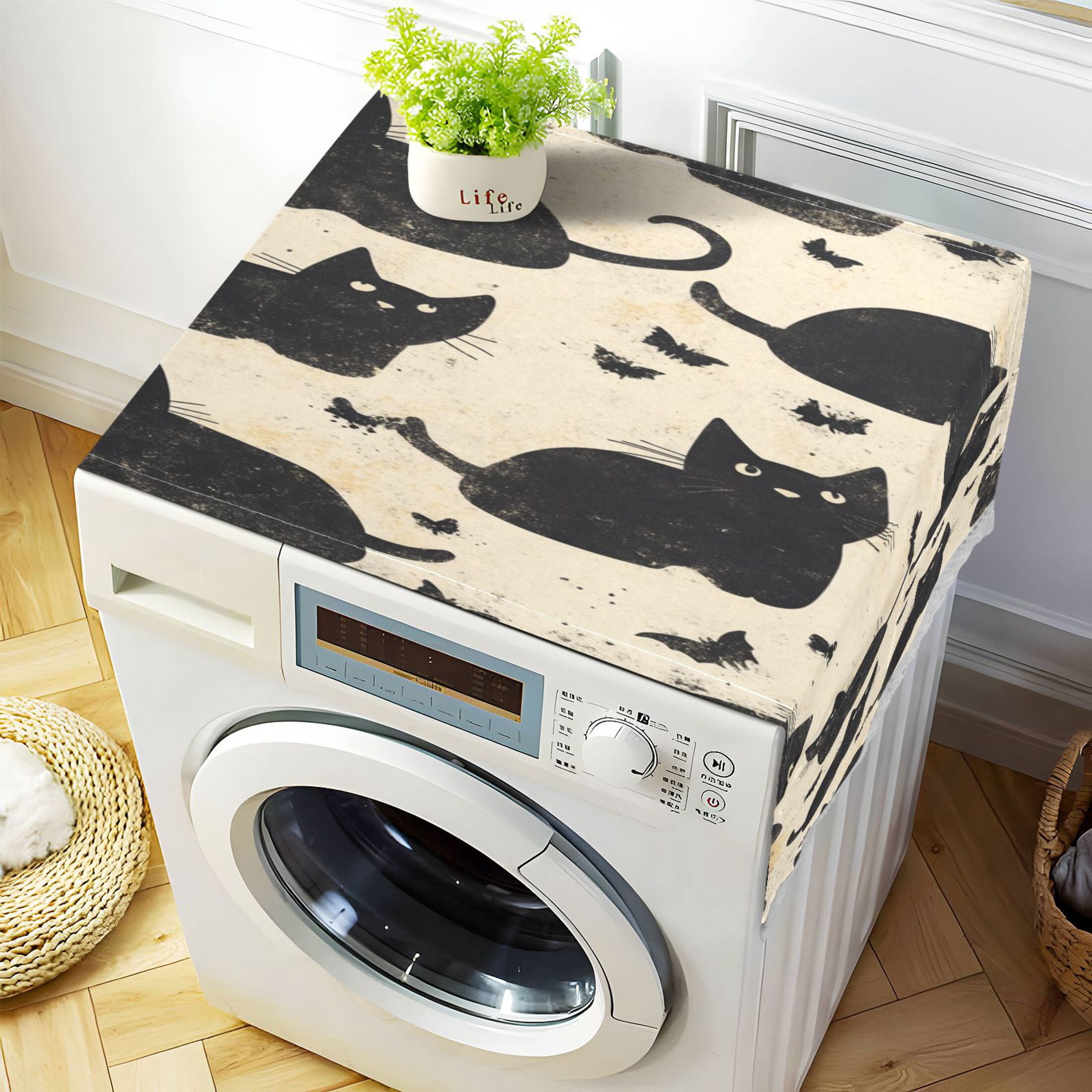 Black CatWasher and Dryer Covers Dust-Proof and Oil Resistant Fridge Cover with 4 Storage Pockets Washing Machine Top Cover for Laundry Kitchen Home 51.2 x 22 In