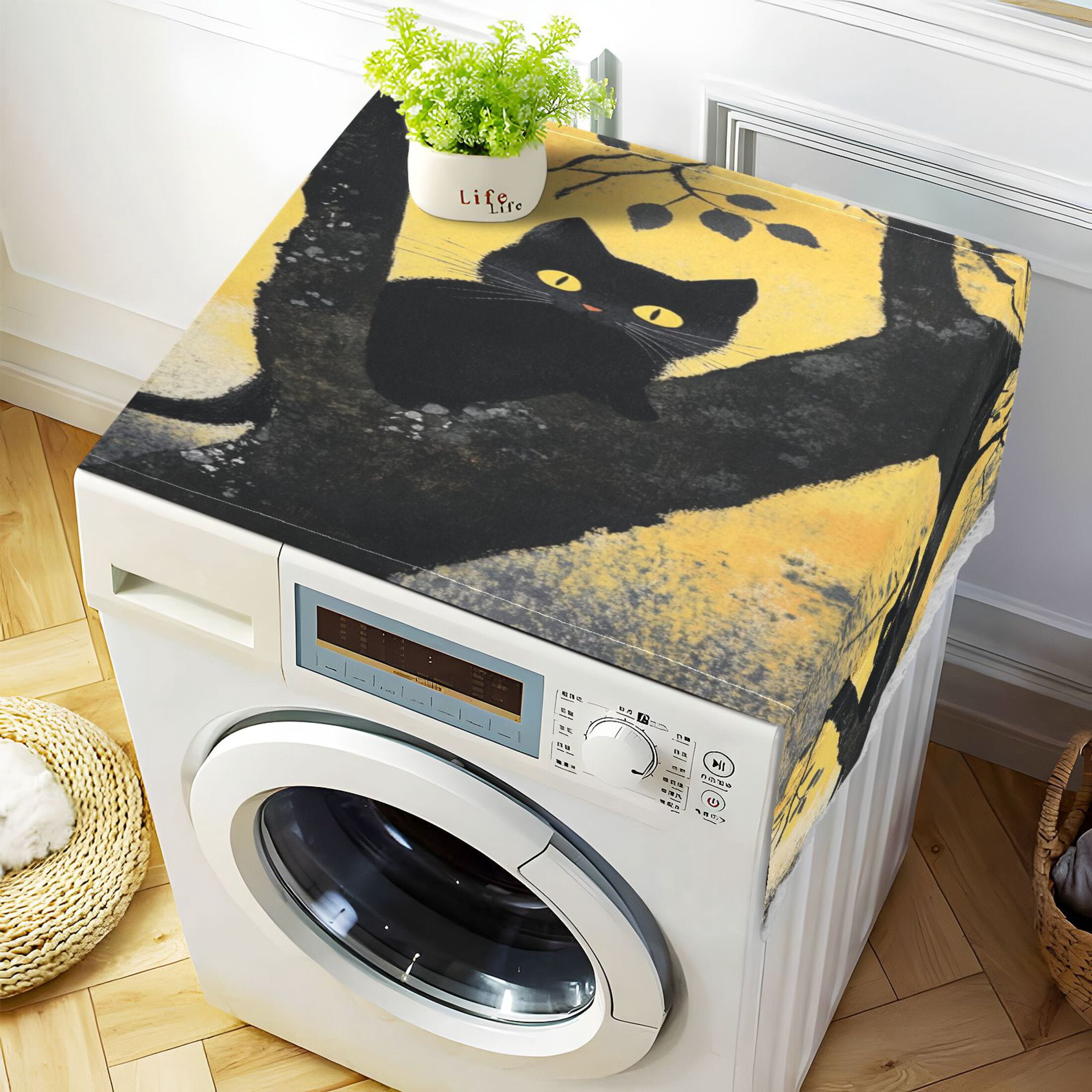 Black CatWasher and Dryer Covers Dust-Proof and Oil Resistant Fridge Cover with 4 Storage Pockets Washing Machine Top Cover for Laundry Kitchen Home 51.2 x 22 In