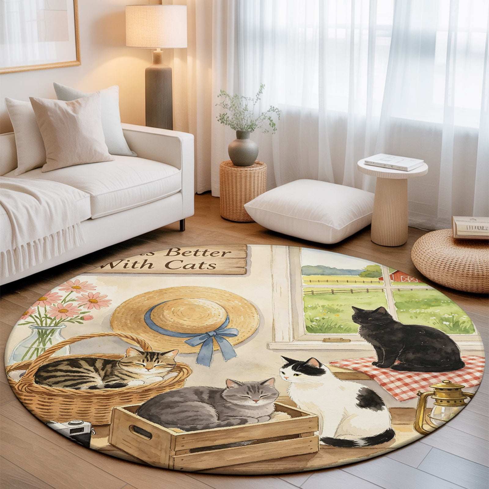 Black Cats 4' Round Rug for Cozy Reading Nook Home Office Chair Area ...