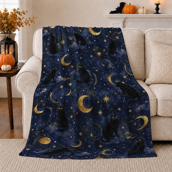 Black Cats Among Golden Moons And Stars, Cozy Flannel Blanket with Mystical Celestial Illustration Print, Housewarming Gift for Celestial Cat Lovers, Home Decor for Bedroom and Living Room