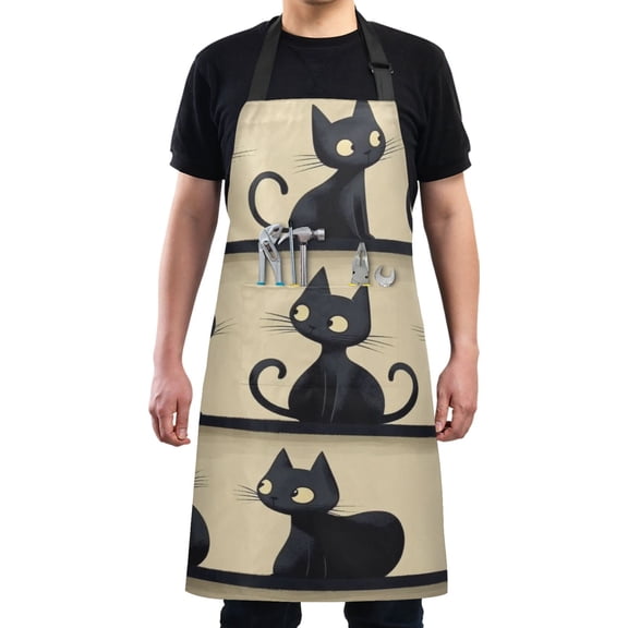Black Cats Cartoon Pattern Chef Kitchen Apron with Pockets for Women Waterproof Aprons for Cooking Baking