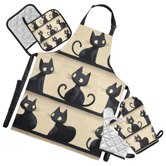 Black Cats Cartoon Pattern Oven Mitts and Pot Holders with Chef Apron Set 5 Pcs Kitchen Cooking Set