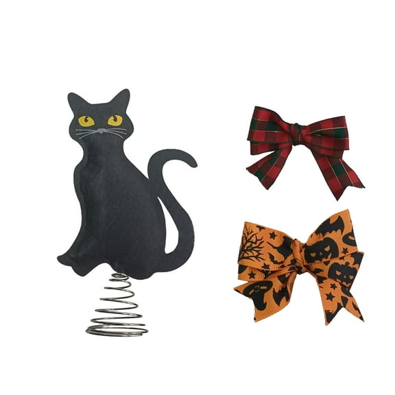 Black Cats Christmas Tree Topper with Stand and Changeable Bows Halloween Xmas Tree Ornament Winter Holidays Home Decorations Cat Lovers Gift Ideas
