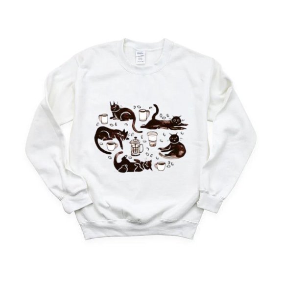 Black Cats Coffee Caffeine Feline Lover Funny Pet Drink Dark Roast Morning Sweatshirt, for men & women, up to size 5XL