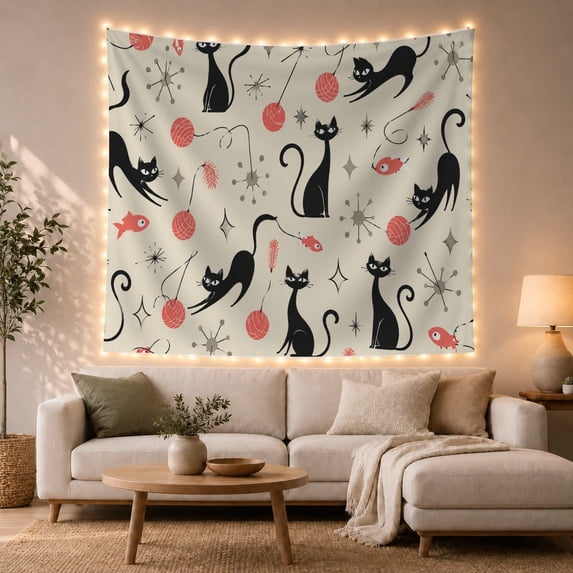 Black Cats with Coral Yarn Balls on Cream Background, Playful Retro for Cat Lovers, Mid Century Pet Art Decor, Housewarming Gift, Tapestry Wall Hanging for Bedroom and Living Room