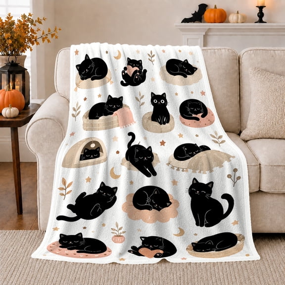 Black Cats Cushions Moons Stars Hearts, Peaceful Pet Portrait Pattern, Warm Flannel Blanket for Living Room and Bedroom, Cat Lovers Just Because Gift, Pet Lover Home Decor