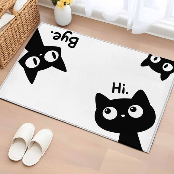 Black Cats Entryway Rug 2'x3' Modern Cute Funny Cat Say Hi Bye Animals Small Area Rug Non-Slip Front Door Mat Washable Floor Carpet for Indoor Entrance Kitchen Bathroom