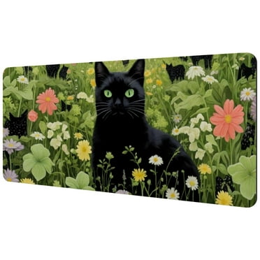 Black Cats Flowers Pattern Desk Pad, Desk Mat with Rubber Base, Office Desk Pad Protector, Large Mouse Pad for Desk, Desk Blotter Pad, Writing Pad for Office/Home (35.2"x15.7")