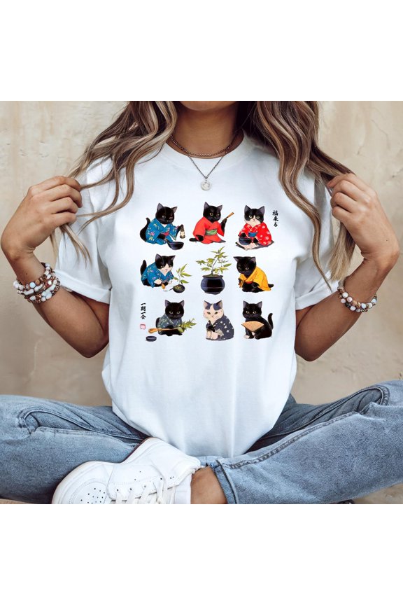 Black Cats Graphic Shirt, Japanese Tea Inspired Cat Art Design Tee, Unisex Cotton T-Shirt, Size S-5XL