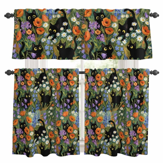 Black Cats Kitchen Curtains Valances and Tiers Set of 3 Red Purple Wildflowers Daisy Spring Flower Tier Curtains and Valance with Rod Pocket for Small Windows, 27.5"x24"