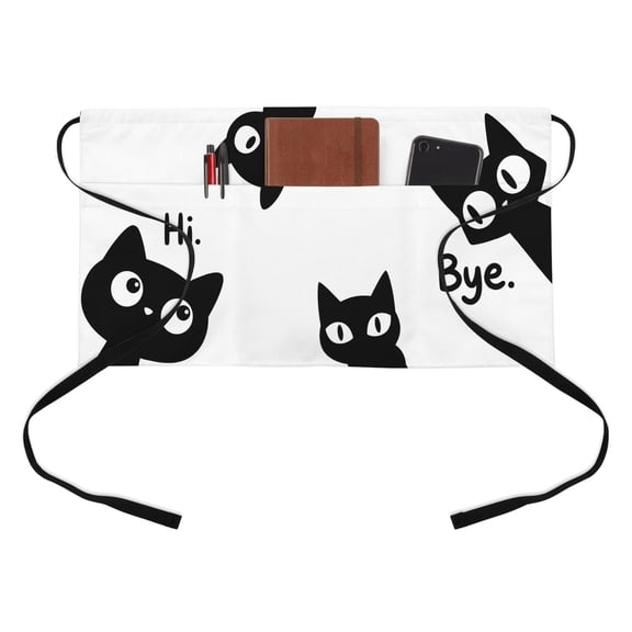 Black Cats Kitchen Restaurant Half Waist Apron, Modern Cute Funny Cat Say Hi Bye Animals Server Short Apron with 3 Pockets Waterproof Oil Waist Aprons for Women Waitress Waiter