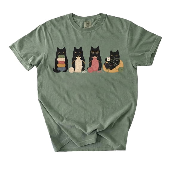 Black Cats Knitting T-Shirt, Funny Yarn Lover Graphic Tee, Cat Mom Gift