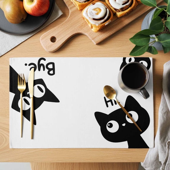 Black Cats Placemats Set of 1, Modern Cute Funny Cat Say Hi Bye Animals Heat Insulated Linen Place Mats, Washable Stain-Proof Table Mats for Dining Tables Holiday Decor 13x19 Inches