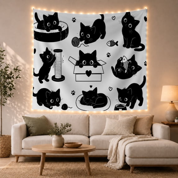 Black Cats Playing With Yarn and Fish, Playful Minimalist Style for Cat Lovers, Cute Cat Wall Art, Birthday Gift, Tapestry Wall Hanging for Bedroom, Living Room and Dorm