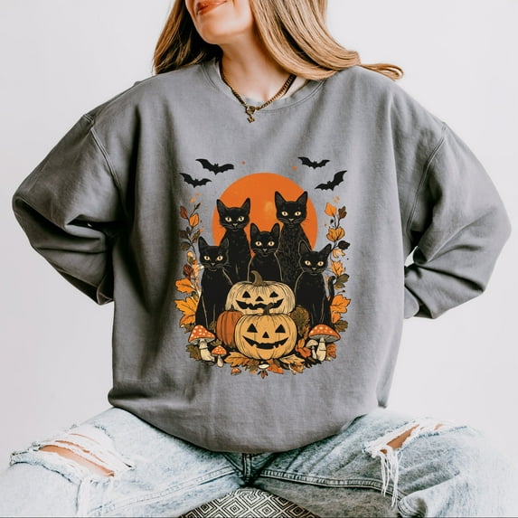 Black Cats Pumpkin Vintage - Womens Lightweight Garment Dyed Sweatshirt