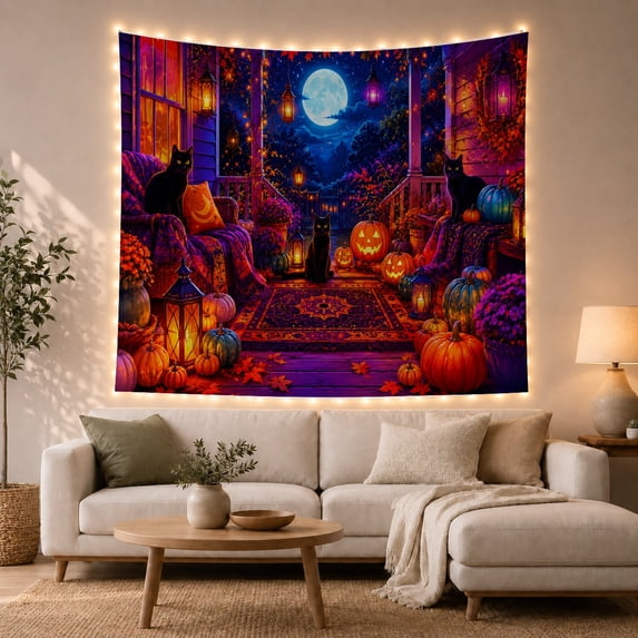 Black Cats & Pumpkins on Porch, Magical Moody Gothic Halloween Decor for Dark Art Lovers, Spooky Wall Art Halloween Gift Tapestry Wall Hanging for Bedroom, Living Room and Dorm