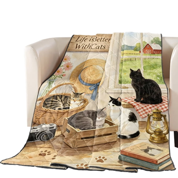Black Cats Quilted Comforters Cooling Blanket Full Size, Rustic Basket Hat Pink Flower Barn Vintage Farmhouse Cold Comfort for Hot Sleepers Lightweight Air Conditioning Quilt Blanket for Bed
