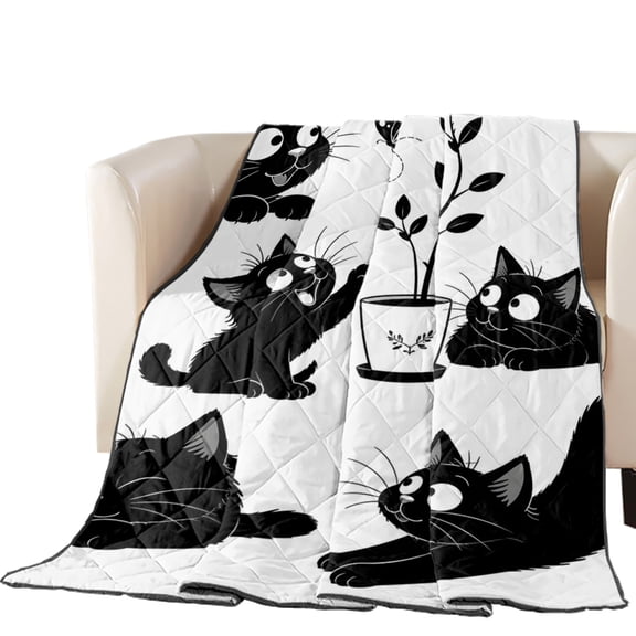 Black Cats Quilted Comforters Cooling Blanket Oversized Queen Size, Minimalist Cartoon Butterfly Potted Plant Animal Cold Comfort for Hot Sleepers Lightweight Air Conditioning Quilt Blanket for Bed