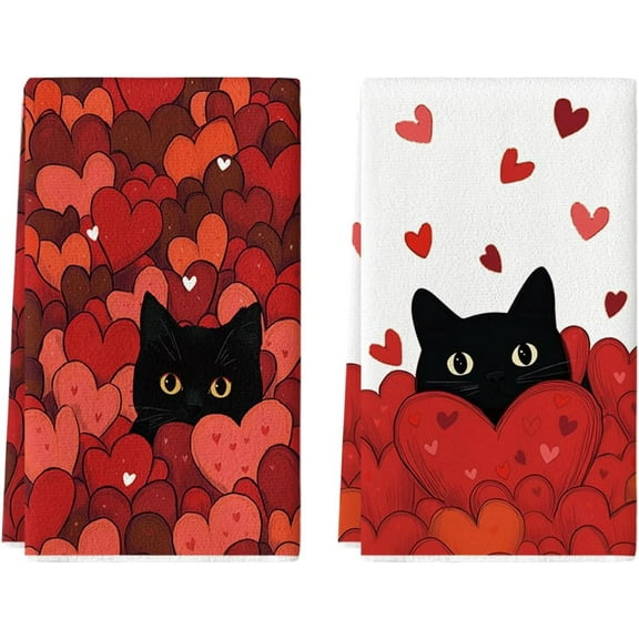 Black Cats Red Hearts Valentine''s Day Kitchen Towels Dish Towels, 18x26 Inch Wedding Farmhouse Decoration Hand Towels Set of 2