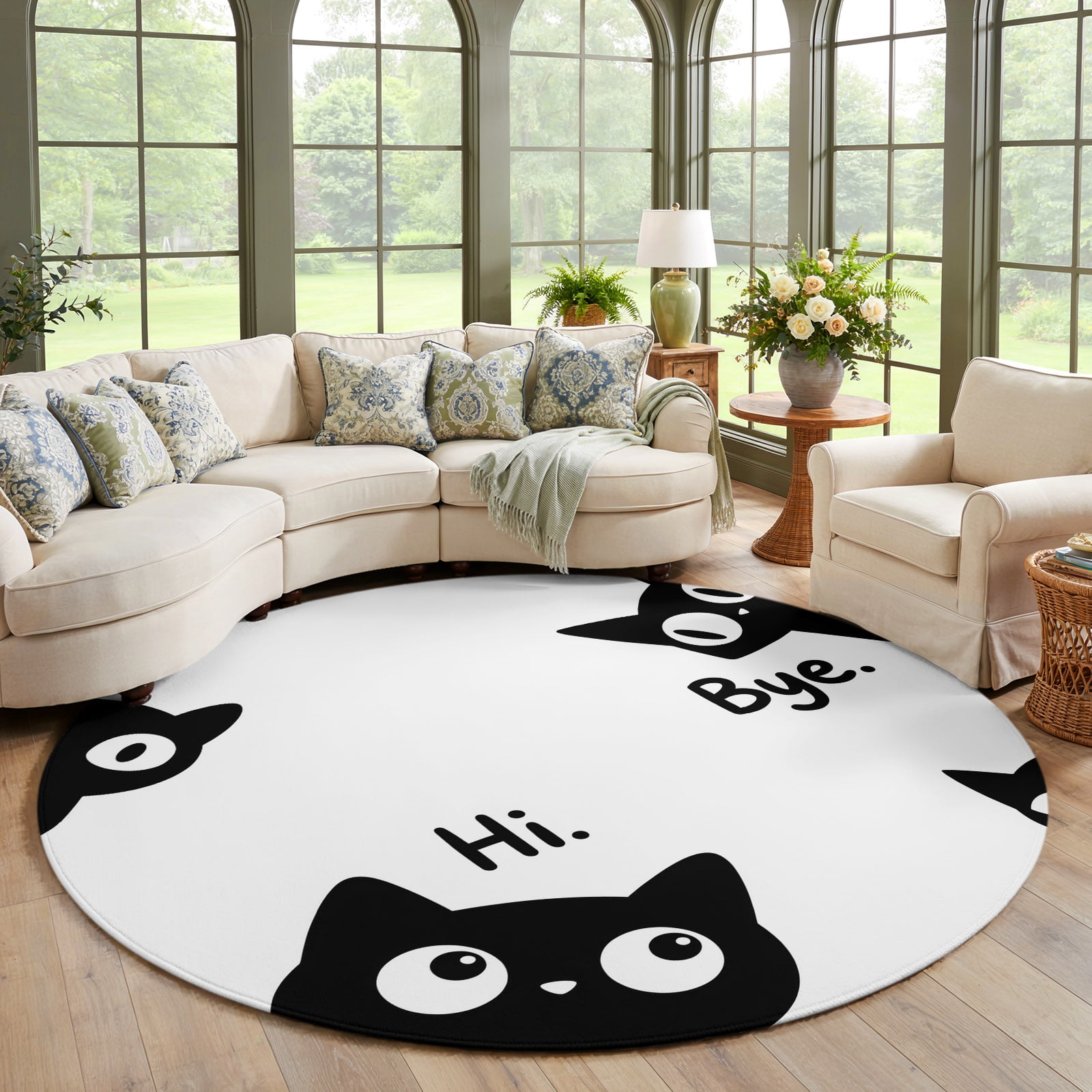 Rat Area Rug Black Cats Round Area Rug Living Room 7ft, Modern Cute Funny Cat Say Hi ...