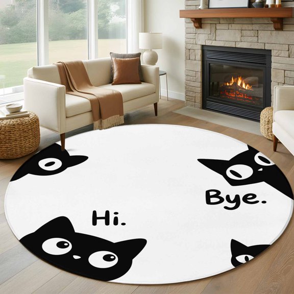 Black Cats Round Rug 6Ft Modern Cute Funny Cat Say Hi Bye Animals Circle Area Rugs Washable Non Slip Indoor Floor Mats Carpet for Living Room Bedroom Dining Room Home Decor