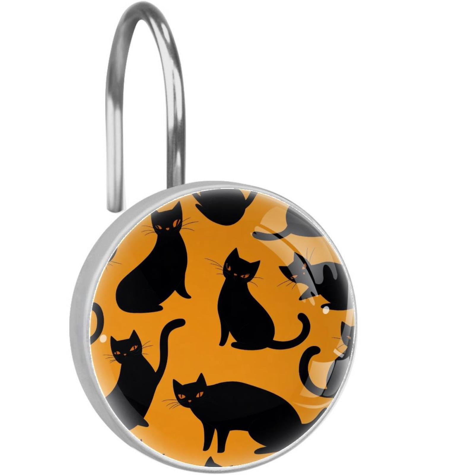 Black Cats Silihouette Shower Curtain Hooks Round Crystal Glass, Set of 12 Shower Curtain Rings - Shower Hooks for Curtain Shower Rings
