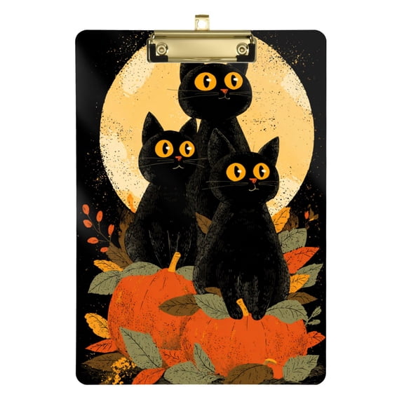Black Cats Sit on Pumpkins Halloween Acrylic Clipboard Drawing Board with Hook Writing Pad File Storage A4 Size Gold 12.5" x 9"