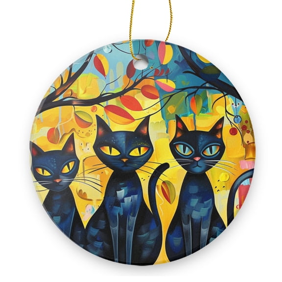Black Cats Sitting In Tree With Yellow Eyes - Christmas Ornament Xmas Keepsake Ceramic Ornaments Holiday Decorations for Tree Christmas Gift Ideas 2.95in