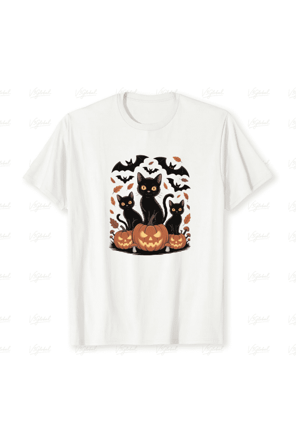 Black Cats Sitting With Pumpkins Cute Autumn Halloween Cartoon Print T-Shirt up to size 5XL