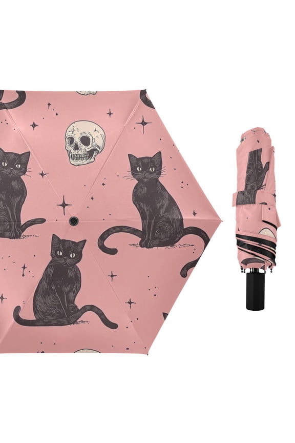 Black Cats Skulls Stars All Weather Umbrella Triple Folding Parasol 6 Ribs UV Protection Portable